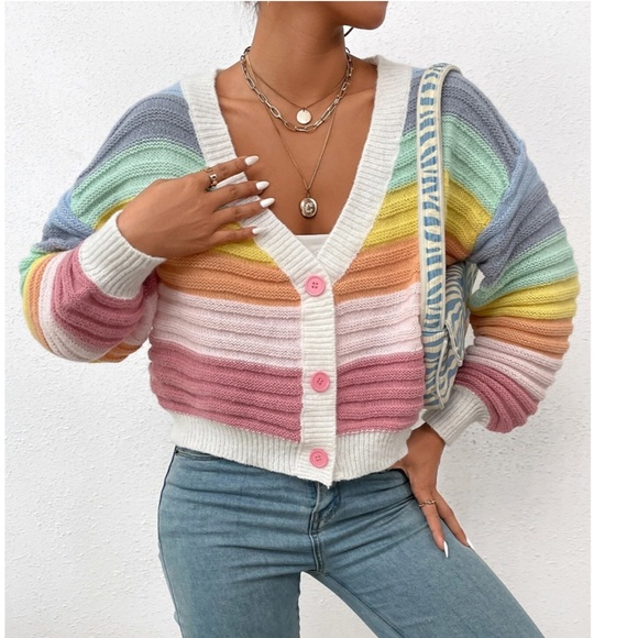Rainbow Colors Fun Knit Cardigan Sweater Button Front V-Neck - Picture 3 of 10